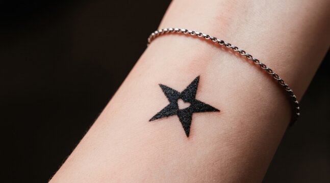 Black star tattoo with heart center on woman wrist. Delicate chain bracelet worn above skin art. Closeup shows fine detail of body modification. Represents individuality and personal expression.