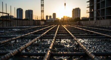 Fototapeta premium Rebar grid on concrete slab under construction with city skyscraper sunset