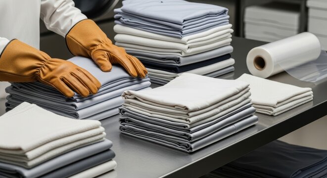 hands folding stack of gray blue white towels with gloves on machine table