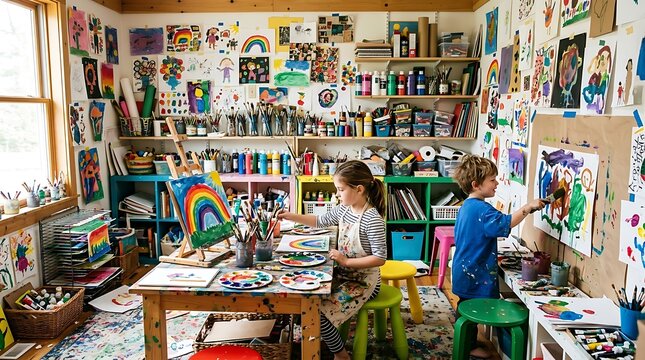 Creative Kids' Art Studio: Two young artists immerse themselves in a colorful world of imagination, painting and creating in a vibrant studio filled with art supplies, inspiring creativity.