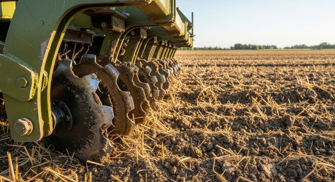 disc harrow cultivating dry soil in farmland close up to prepare field for planting