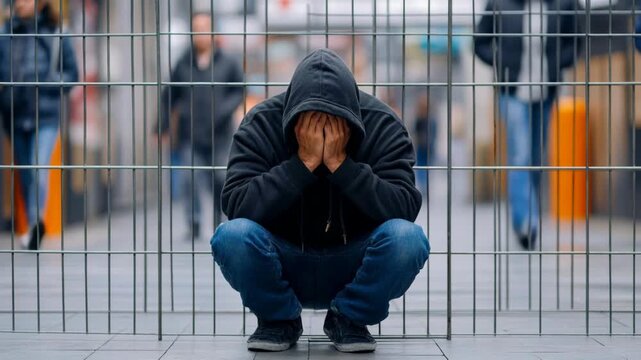 A person in despair sits behind metal bars in a crowded public area, feeling lonely and trapped.