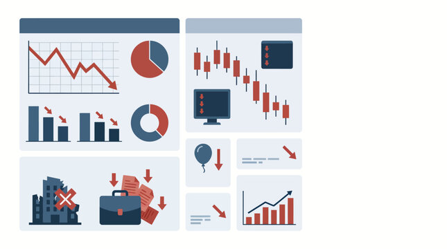 Economic Crisis Dashboard Illustration with Declining Stock Market Charts, Business Bankruptcy, and Global Financial Recession.
