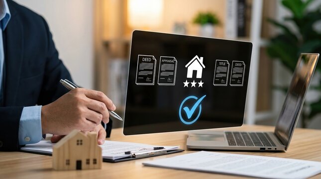 Real Estate Document Approval Process on Digital Workspace with Laptop and Checkmark