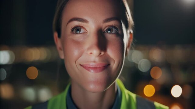 Woman wearing headset at nighttime smiling.