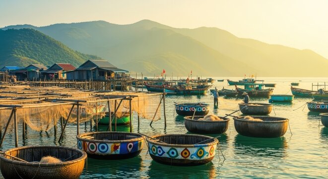 Traditional Vietnamese fishing village at sunrise with boats and mountains.