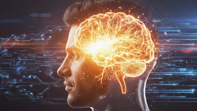 Human head with glowing brain symbolizing the digital age and smart tech evolution
