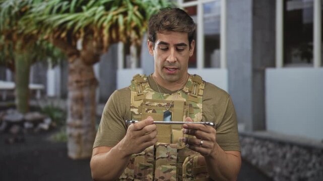 Man soldier holds wrench with both hands in building entrance showing dogtag and tactical vest; determination duty training.