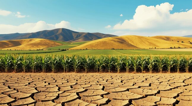 Cracked dry earth foreground contrasts with rich green corn field and rolling hills under blue sky. Rural farmland faces agricultural drought challenges and climate change impact on crops.