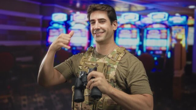 Soldier man in camouflage holds binoculars to eyes and makes a phone hand gesture inside a casino building with slot machines visible; vigilance duty.