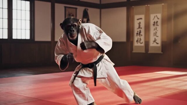 Chimpanzee Performing Martial Arts Moves Wearing Traditional White Uniform and Black Belt Inside a Japanese Style Training Studio Interior Space
