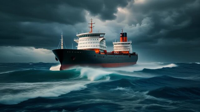 Large cargo ship in rough seas.