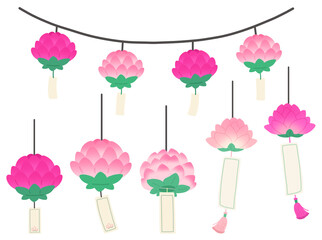 Obraz premium Various lotus lantern designs with wish papers hanging below for Korean lantern festival celebrations