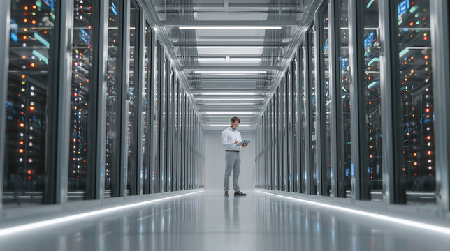 Technician reviewing tablet in long symmetrical data center aisle with multicolored led indicators and reflective floor