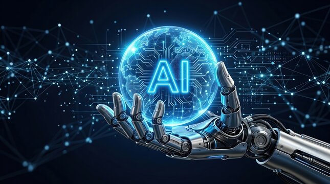 Robotic Hand Holding AI Globe in Digital Network Technology Concept