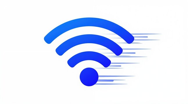Blue wi-fi symbol with motion lines indicates fast wireless connection. Modern digital network icon for internet access speed and communication technology.