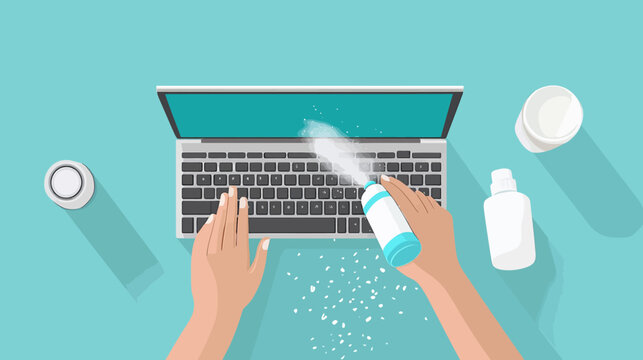 Cleaning a laptop keyboard with a spray of cleaning solution