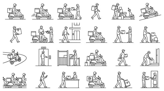 A comprehensive collection of thin line icons depicting delivery personnel riding scooters carrying packages and interacting with customers during various stages of daily courier operations