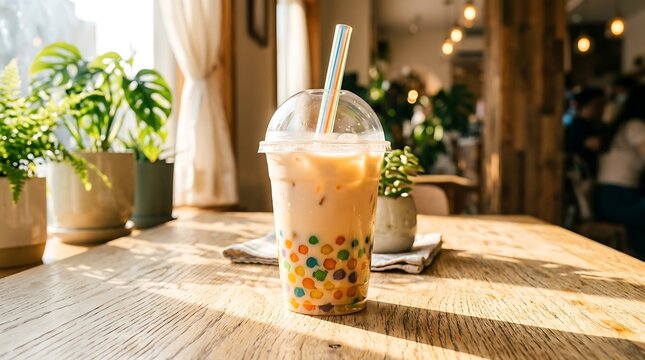 Bubble tea with colorful tapioca pearls in plastic cup on wooden table. Refreshing cold milk tea drink in cafe interior. Summer beverage concept for relaxation and lifestyle.