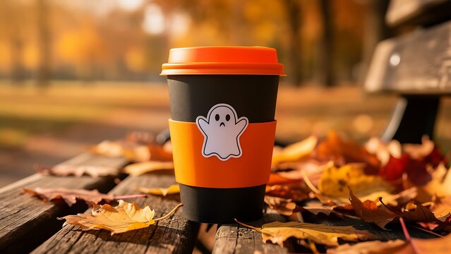 Paper coffee cup with ghost sticker on wooden bench outdoors. Autumn season beverage with orange sleeve. Hot drink for Halloween celebration and cozy fall mood in city park.