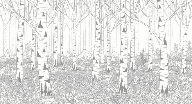 Birch Forest Line Art Illustration, Nature Coloring Page Background