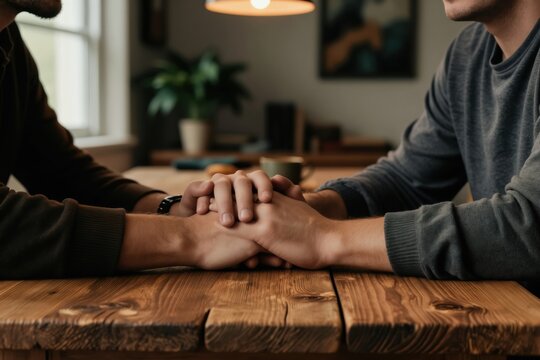 Two adult brothers hold hands across wooden table. Men sit indoors supporting each other in conversation. Showing deep connection, care between family members. They share moment of empathy, trust.