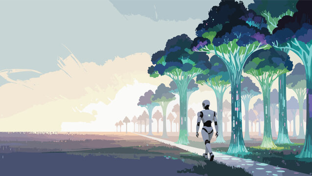 Android walks on a path through a surreal forest of glowing trees.