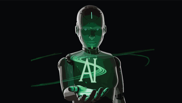 Futuristic humanoid robot with glowing green ai symbol and energy swirls.