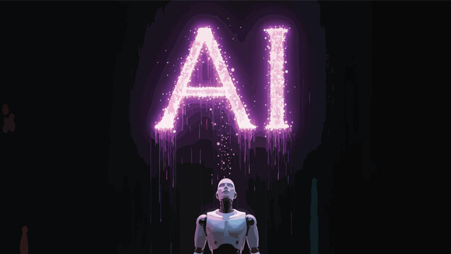 Robot looking up at giant glowing purple ai symbol dripping light.
