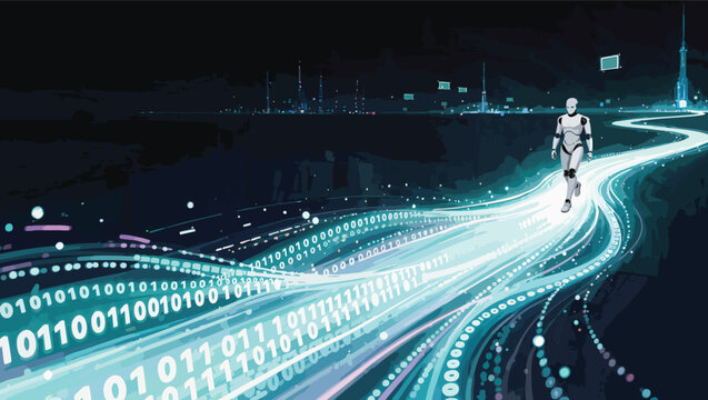 Robot running on a digital highway of binary code and light trails.