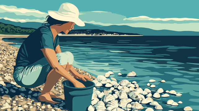 Woman in a wide-brim hat collecting shells on rocky beach by water