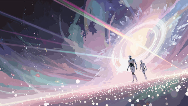 Two robots walking towards a cosmic swirl of light and color robots.