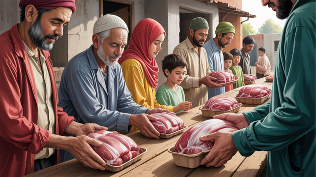 Meat market scene, butcher shop, people buying raw meat, traditional food, halal market