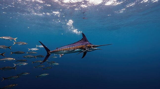 Marlin hunts small fish school underwater. Big fish pursues bait in deep blue ocean. Predatory marine animal swims fast in clear sea water. Oceanic wildlife action.