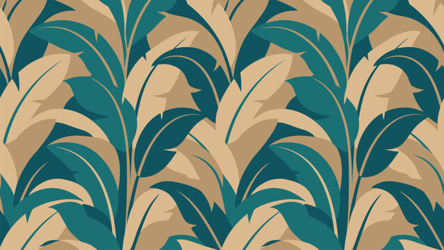 Sophisticated tropical seamless vector with layered palm leaves in teal and beige colors. Ideal botanical background for wallpaper, fabric, home decors, and packaging.
