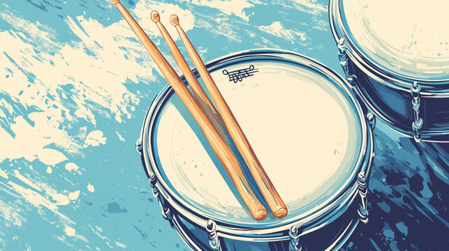 Artistic depiction of a snare drum with a pair of wooden drumsticks resting on it, set against a textured blue background
