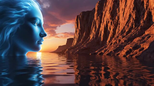 Ethereal blue spirit emerges from water at sunset by dramatic cliffs