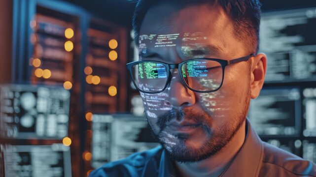 Man with code reflection on glasses in server room symbolizing the digital age and smart tech evolution