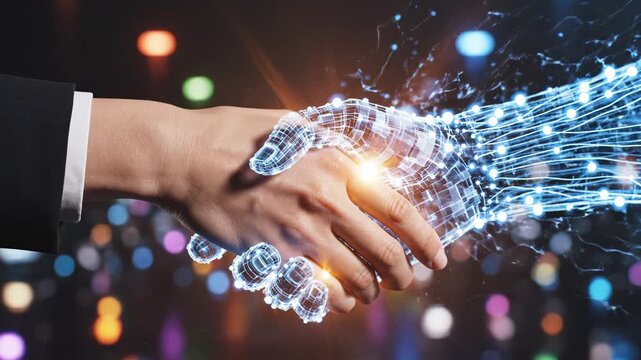 Human hand shaking with robotic hand representing minimalism and elegant visual storytelling