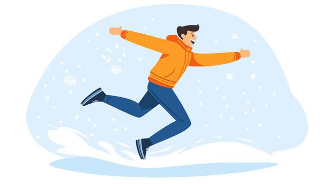 Joyful man in orange jacket running on snow with snowflakes falling