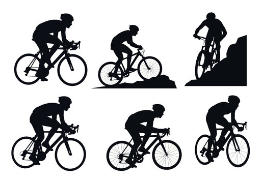 Set of black silhouettes of cyclists in various riding poses.