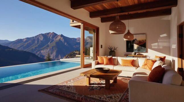 Modern living room opens to infinity pool overlooking mountains. Comfortable sofa, rustic coffee table, warm rug complement scenic nature landscape. Bright sunlit room offers ultimate relaxation,