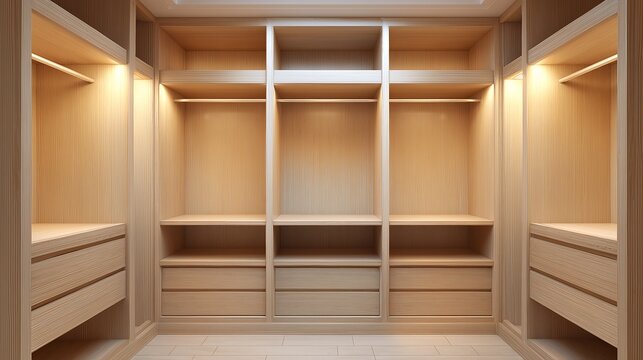 Open wooden closet with empty shelves and hanging space, isolated on white background, organized storage concept with bright interior lighting