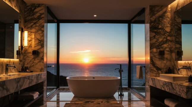 Modern bathroom features freestanding tub before large window overlooking ocean sunset. Marble vanities flank tub, offering luxurious spa like ambiance. Minimalist design promotes tranquil relaxation.
