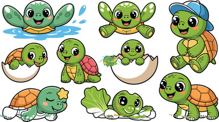 Naklejka premium Cute Cartoon Baby Turtle Vector Character Illustration Set with Turtles Hatching, Swimming, Sleeping, and Wearing a Cap for Children Design Projects