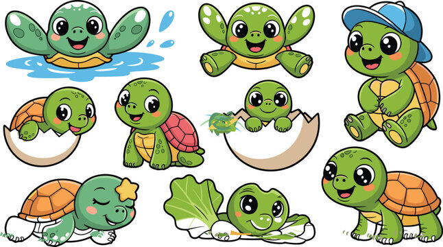 Cute Cartoon Baby Turtle Vector Character Illustration Set with Turtles Hatching, Swimming, Sleeping, and Wearing a Cap for Children Design Projects