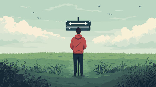 Person standing at a fork in the road midst open fields and clouds