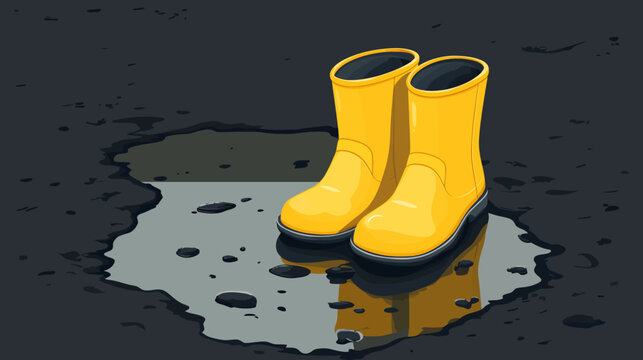 Pair of yellow rain boots on wet dark asphalt with puddle
