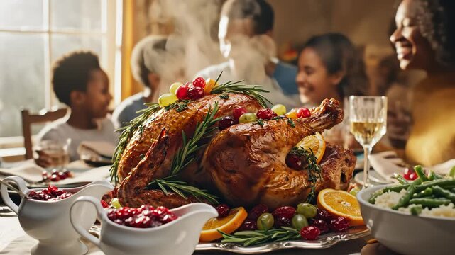 Family gathering with roasted turkey representing community, friendship, and positive energy