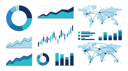 Financial Market Infographic Set with Candlestick Chart, World Map, and Business Data Analysis Diagrams © MA studio